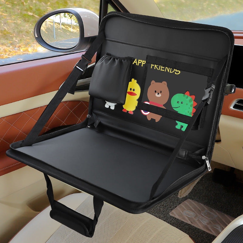 Black Foldable Car Back Seat Organizer Tray – PU Leather Travel Desk with Tablet Holder