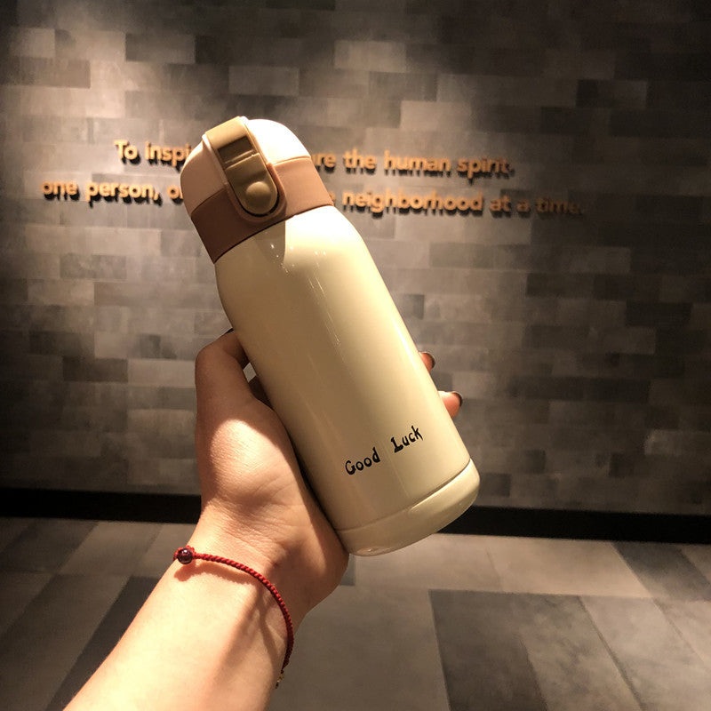 Good Luck” Mini Stainless Steel Thermos Flask – 350ml Leakproof Insulated Bottle with Pop-Up Lid & Strap(white)”