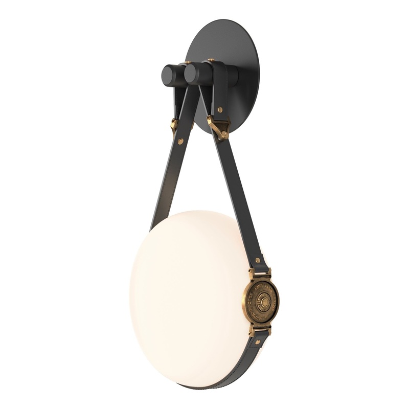 Derby LED Sconce Black Antique Brass with Black Leather Hubbardton Forge Branded Plate