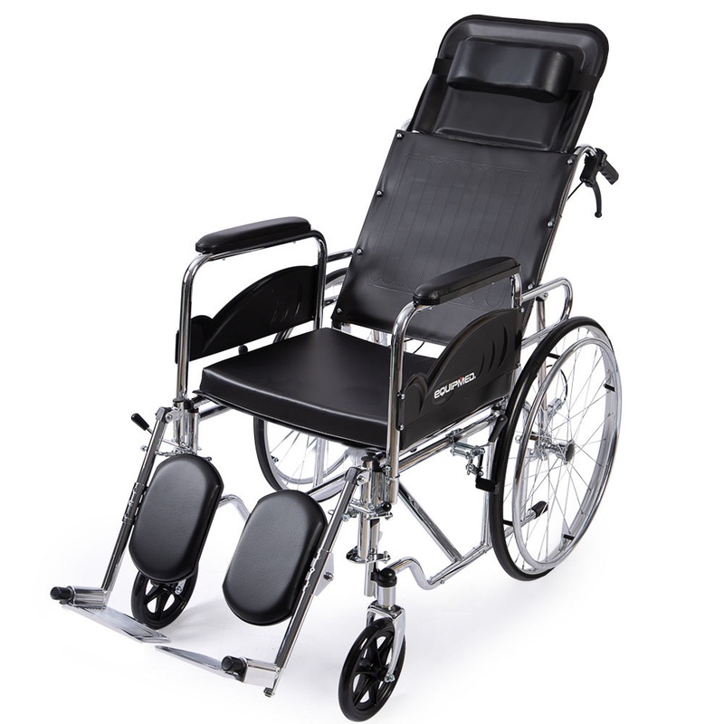 Equipmed Folding Manual Reclining Wheelchair Self Propelled, 24″ Rear Wheels, Chrome Steel Frame, 46cm Wide Seat, 100kg Capacity, Park Brakes