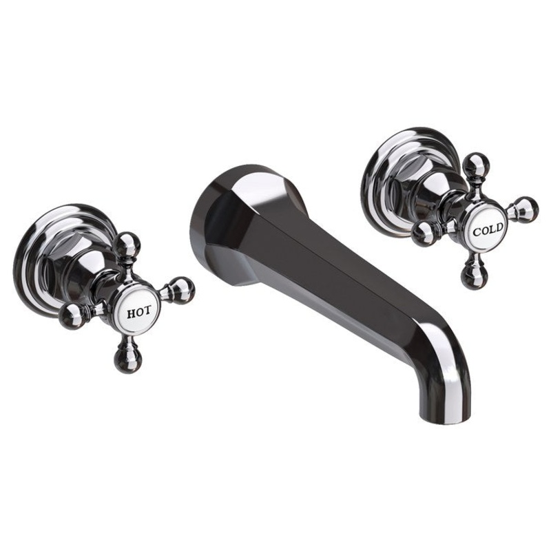 Lavatory Faucet Astor Wall Mount 8 Inch Spread 2 Cross ADA Watersense Midnight Chrome 1.2 Gallons Per Minute Brass Less Drain Spout Reach 7-1/2 Inch