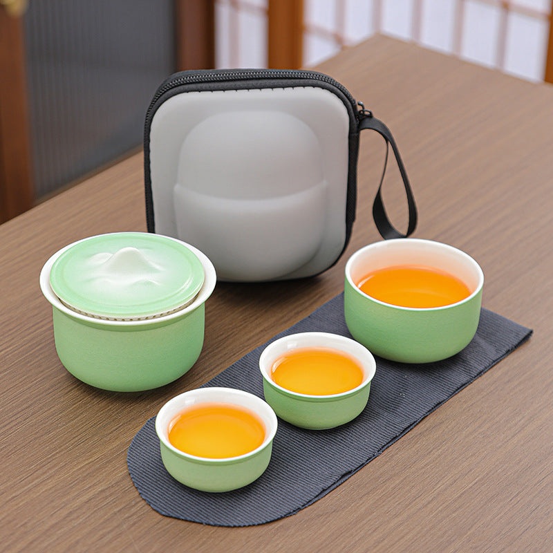 Portable Ceramic Tea Set for Travel – Quick Gaiwan with 3 Cups & Carrying Case(Light green)
