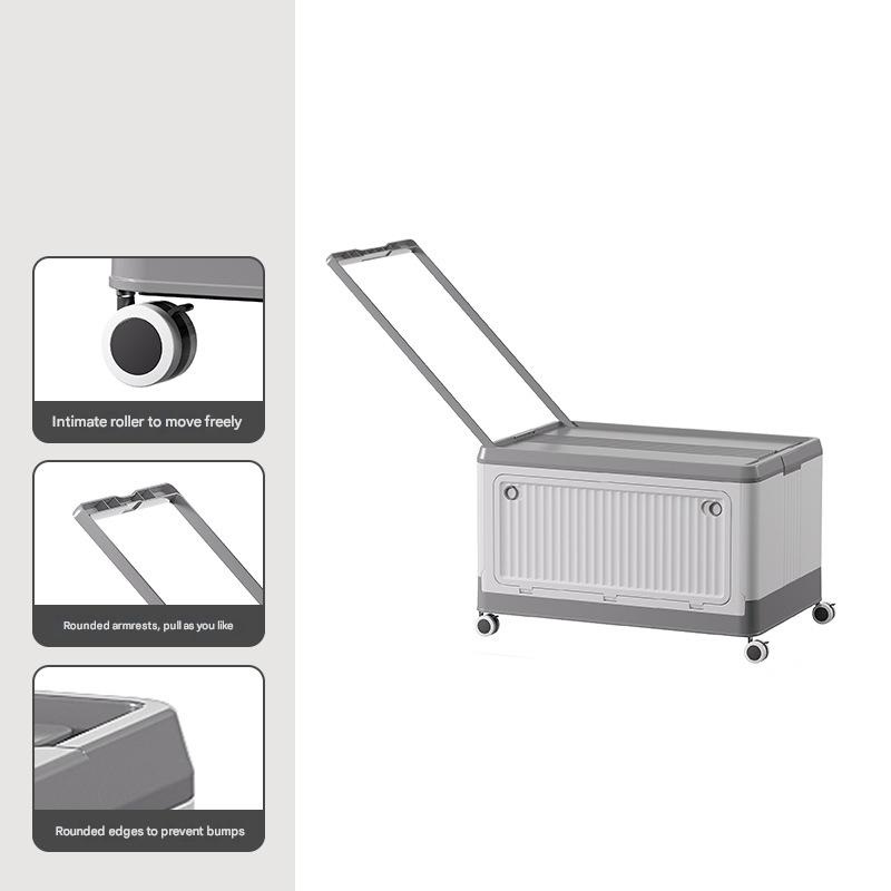 Size L Grey Collapsible Storage Box with Wheels and Telescopic Handle – Stackable Folding Crate for Car & Home