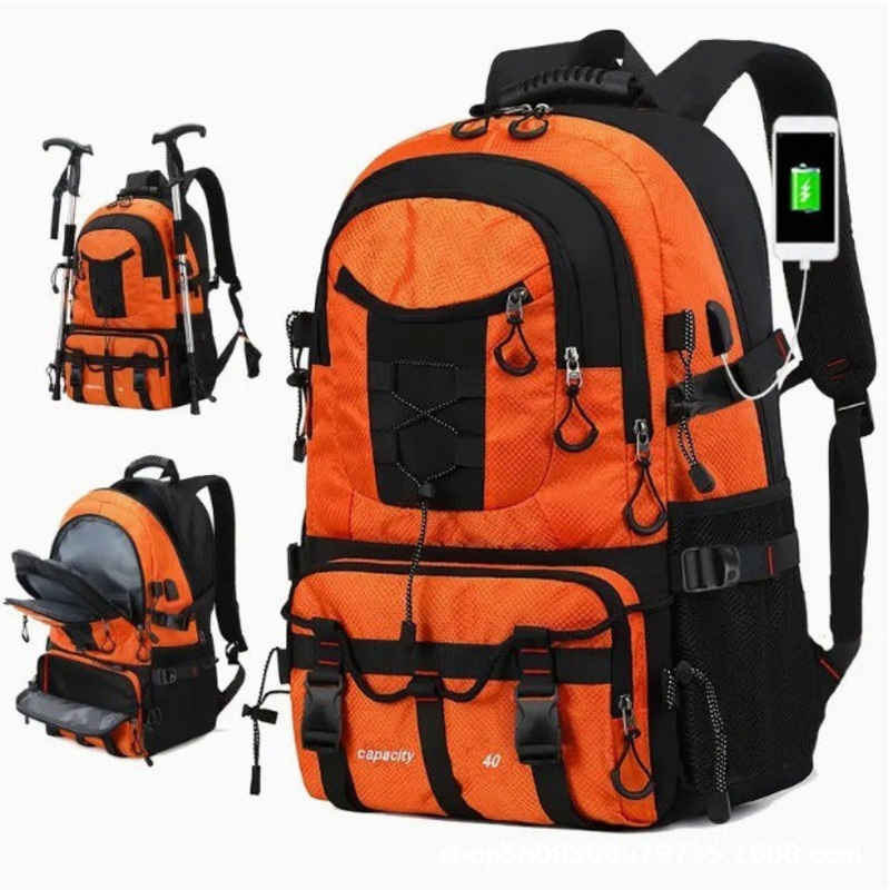 Orange 40L Large Capacity Travel Backpack – Water-Resistant Hiking Rucksack with USB Charging Port