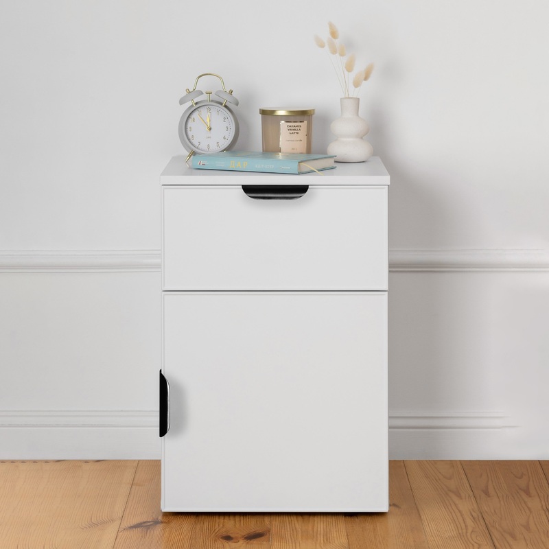 PORTO BEDSIDE TABLE – WHITE – SLIM – PULL BLACK