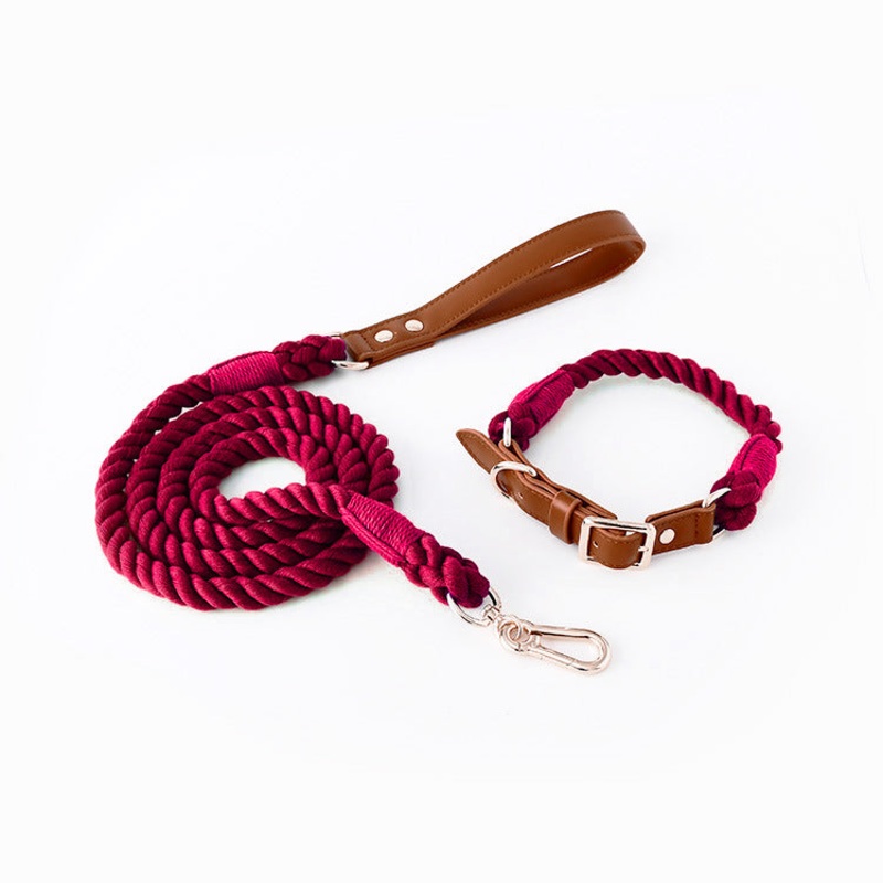 Premium Leather Pet Collar and Leash – Soft, Strong Braided Rope (Wine red – Size L)