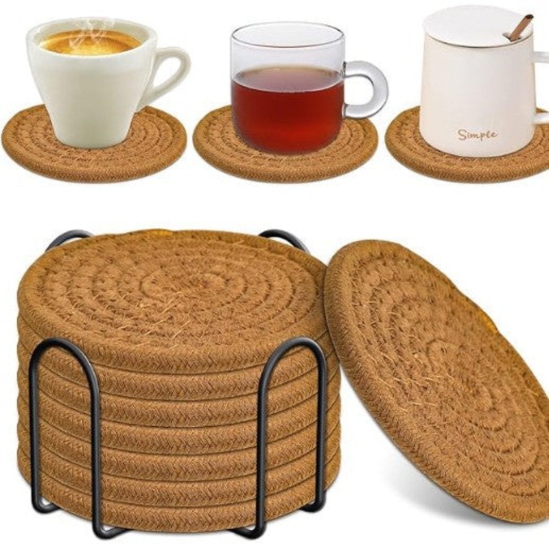 Brown Absorbent Woven Cotton Coasters – Set of 8 with Metal Holder – Heat Resistant Drink Mats for Table Protection