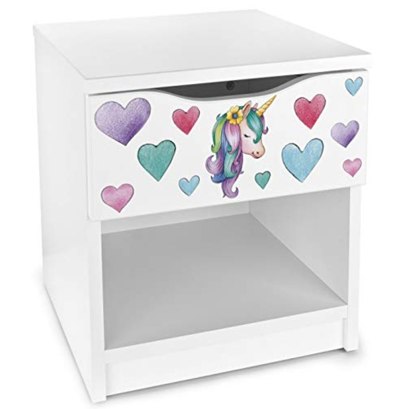 Leomark comodino moderno in legno con cassetto e scompartimento apertoin, comodino per bambini, colore bianco con motivo UNICORNO, dimensioni: 40cm x 38cm x 42cm (LxWxH)