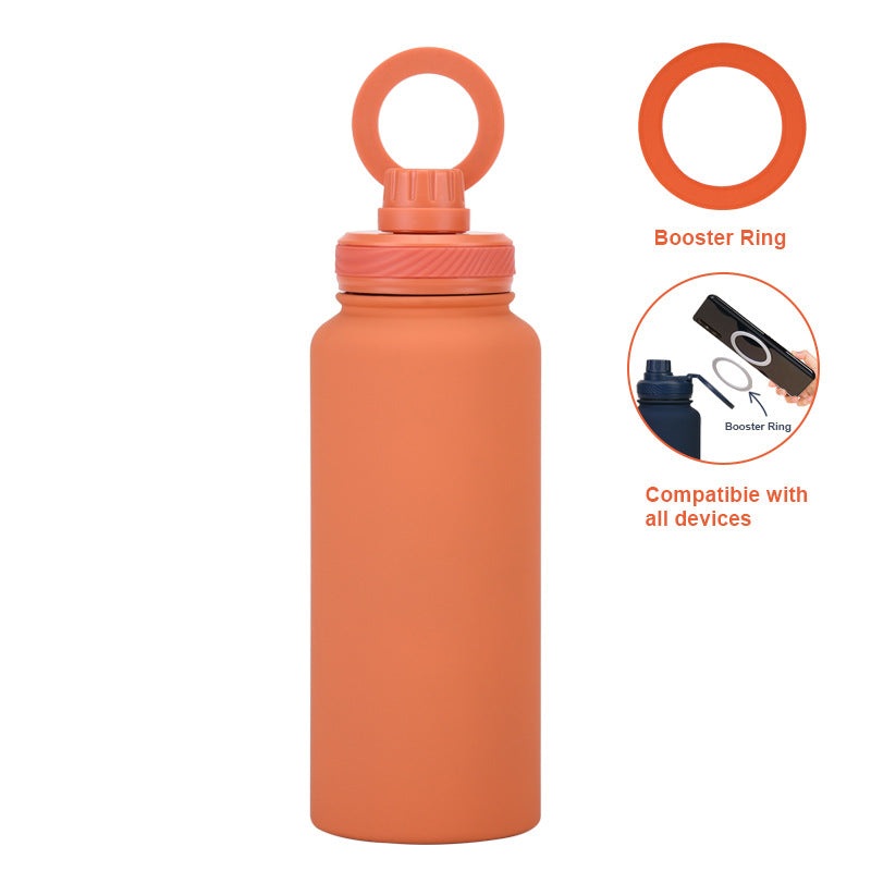 Orange 1L Stainless Steel Water Bottle with Magnetic Phone Holder Lid – Portable Hydration & Hands-Free Stand