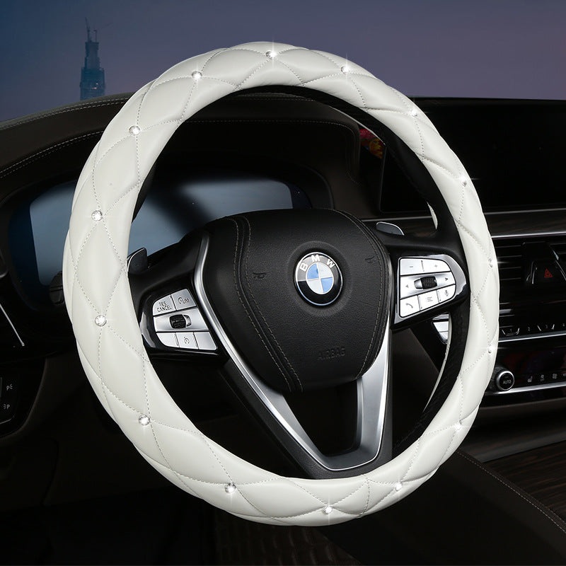 White Luxury Bling Steering Wheel Cover – Black Quilted Leather with Crystal Rhinestones, Universal 38cm Fit
