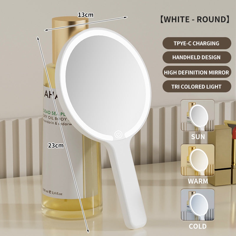 White Round Portable Handheld LED Makeup Mirror – USB-C Rechargeable with 3 Color Light Modes for On-The-Go Touch-Ups