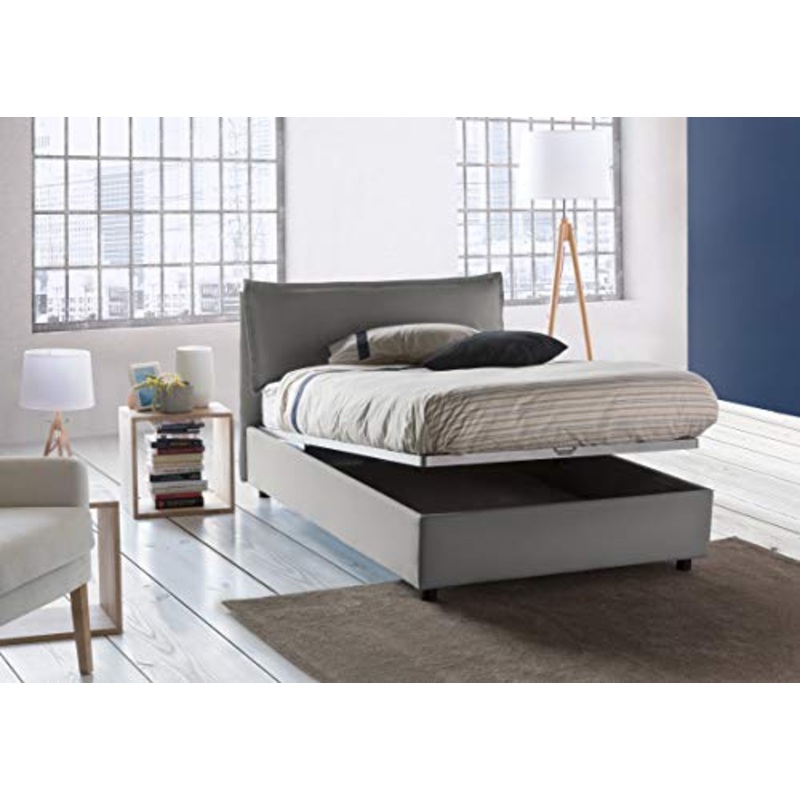 Talamo Italia Letto contenitore Una piazza e mezza Veronica, Made in Italy, Testata e rivestimento in tessuto, Apertura frontale, con materasso cm 120×190 incluso, Grigio