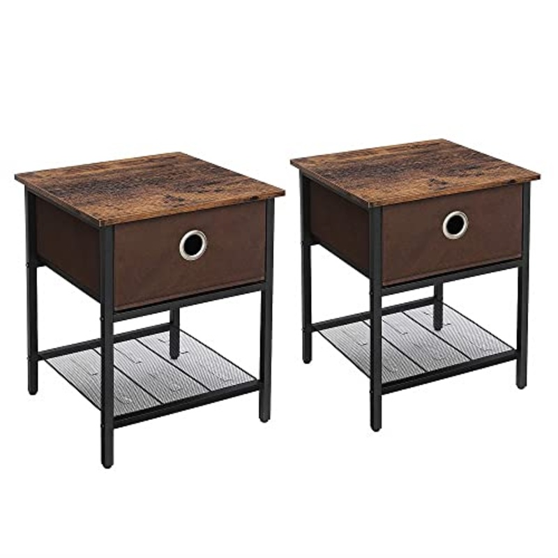 VASAGLE Set di 2 Tavolino da Salotto, Comodino con Cassetto in Tessuto, Struttura Resistente in Acciaio, Soggiorno Camera da Letto, Assemblaggio Semplice, Marrone Vintage e Nero