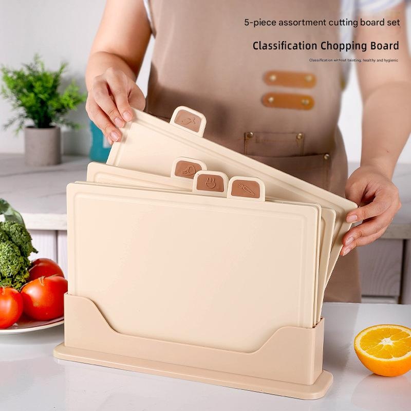 Beige 4-Piece Index Cutting Board Set with Ventilated Storage Stand – Food-Safe PP Kitchen Chopping Boards