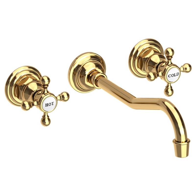 Lavatory Faucet Chesterfield Wall Mount 8 Inch Spread 2 Cross ADA WaterSense Polished Brass Uncoated Living 1.2 Gallons Per Minute Brass Less Drain Spout Reach 9-3/4 Inch