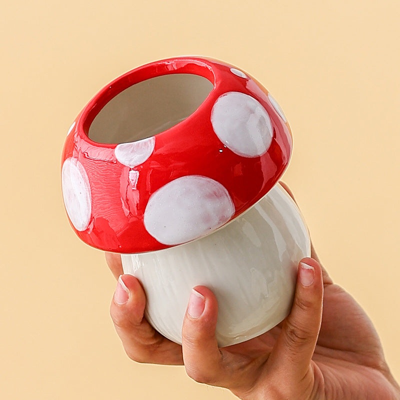 Red And White Adorable Ceramic Mushroom Desk Organizer – Cute Pen & Makeup Brush Holder