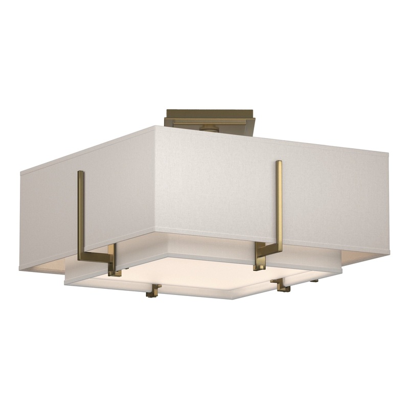 Exos Square Small Double Shade Semi-Flush Modern Brass Natural Anna Inner Shade & Flax Outer Shade