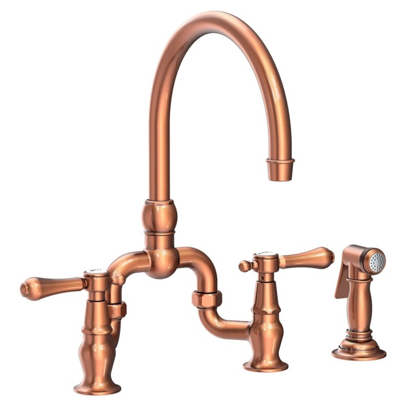 Kitchen Faucet Chesterfield Bridge 8 Inch Spread 2 Lever ADA Antique Copper Pull Out Sidespray Spout Height 9 Inch Spout Reach 7-1/8 to 9 Inch 1.8 Gallons per Minute