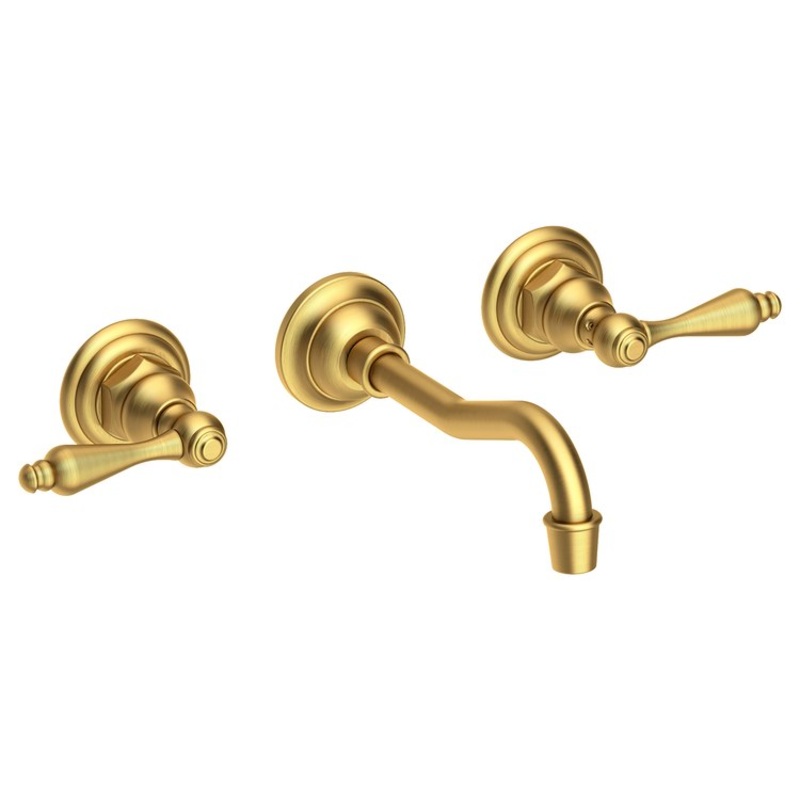 Lavatory Faucet Chesterfield Wall Mount 8 Inch Spread 2 Lever ADA WaterSense Satin Bronze PVD 1.2 Gallons Per Minute Brass Less Drain Spout Reach 7-1/4 Inch