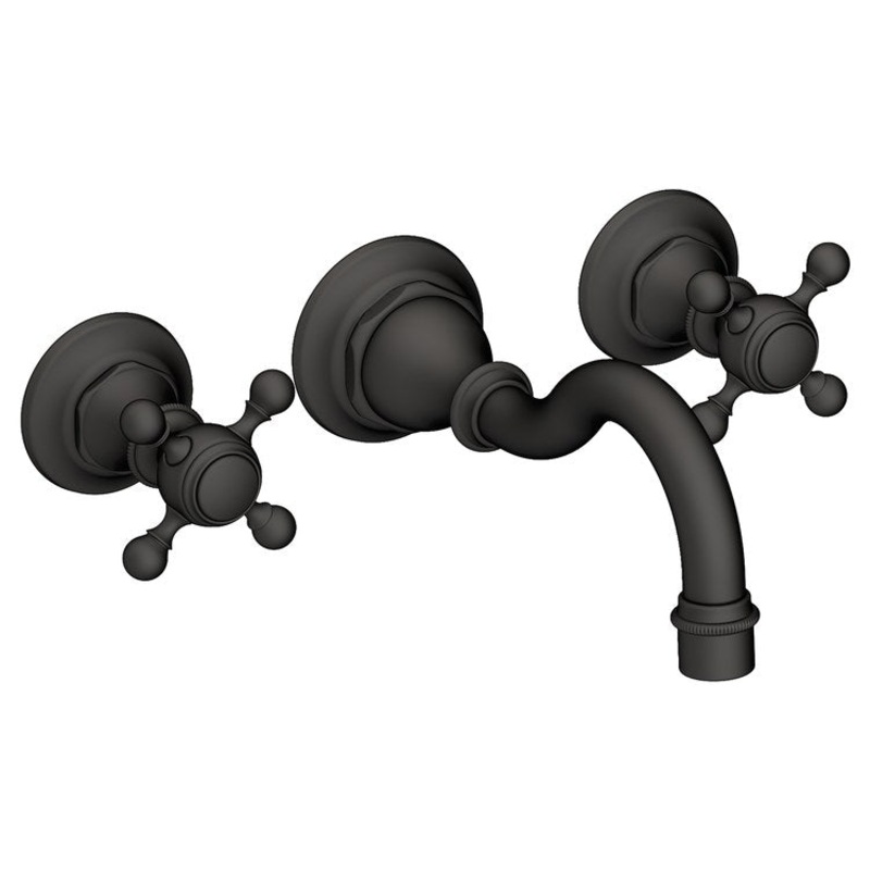 Lavatory Faucet Victoria Wall Mount 8 Inch Spread 2 Cross ADA Watersense Flat Black 1.2 Gallons Per Minute Brass Less Drain Spout Reach 8-1/6 Inch