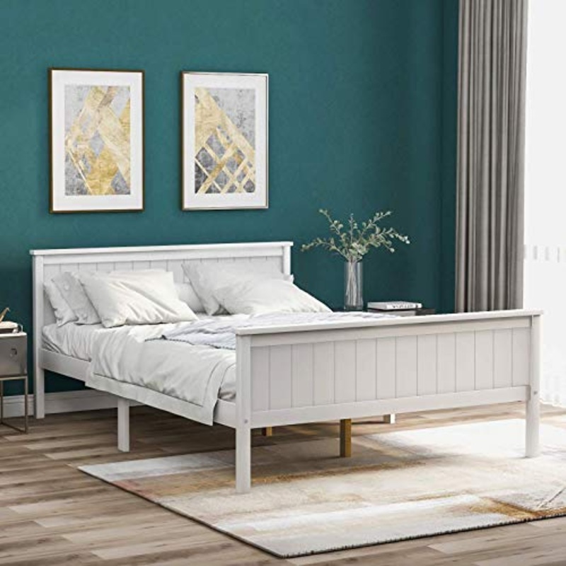 Letto Singolo Struttura Letto Letto Matrimoniale Letto Matrimoniale Biancheria da Letto di Pino con Testiera E Pediera Telaio in Legno con Telaio in Legno Base, 135 X 190 Cm Bianco