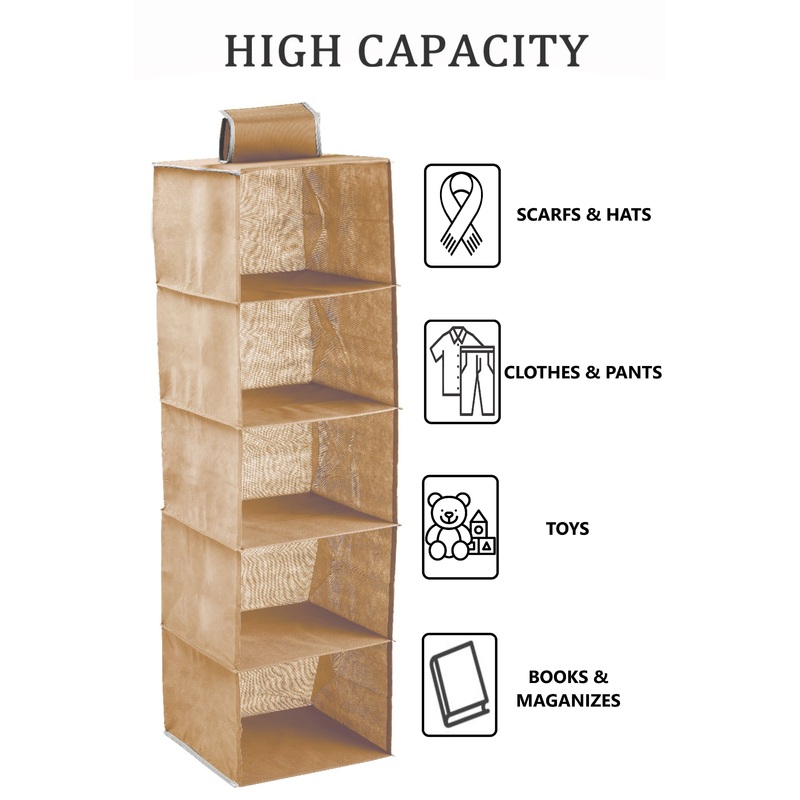 2 Pack 5-Tier Shelf Hanging Closet Organizer and Storage for Clothes (Beige)