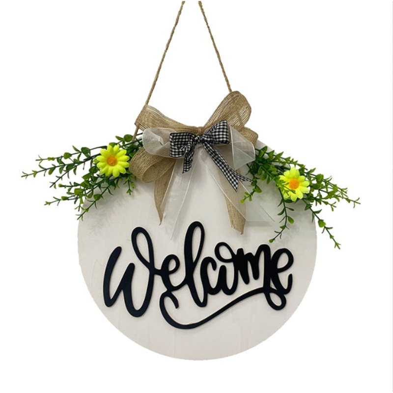 White Rustic ‘Hello’ Welcome Sign – Farmhouse Round Wooden Wreath for Front Door Decor