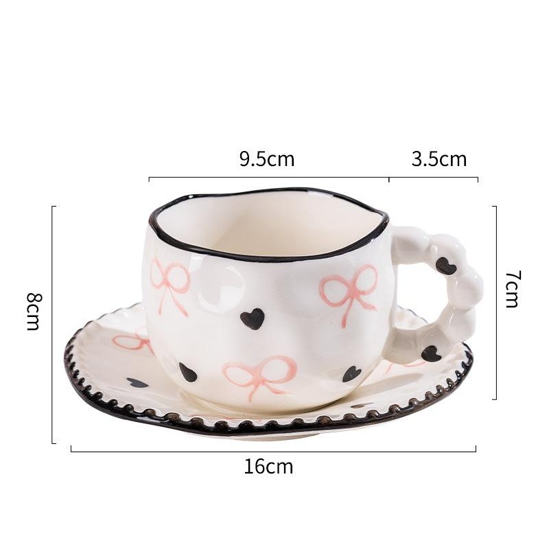 Hand-Painted Ceramic Coffee Mug and Saucer Set – Whimsical Afternoon Tea Cup with Spoon(Black-edged bow)