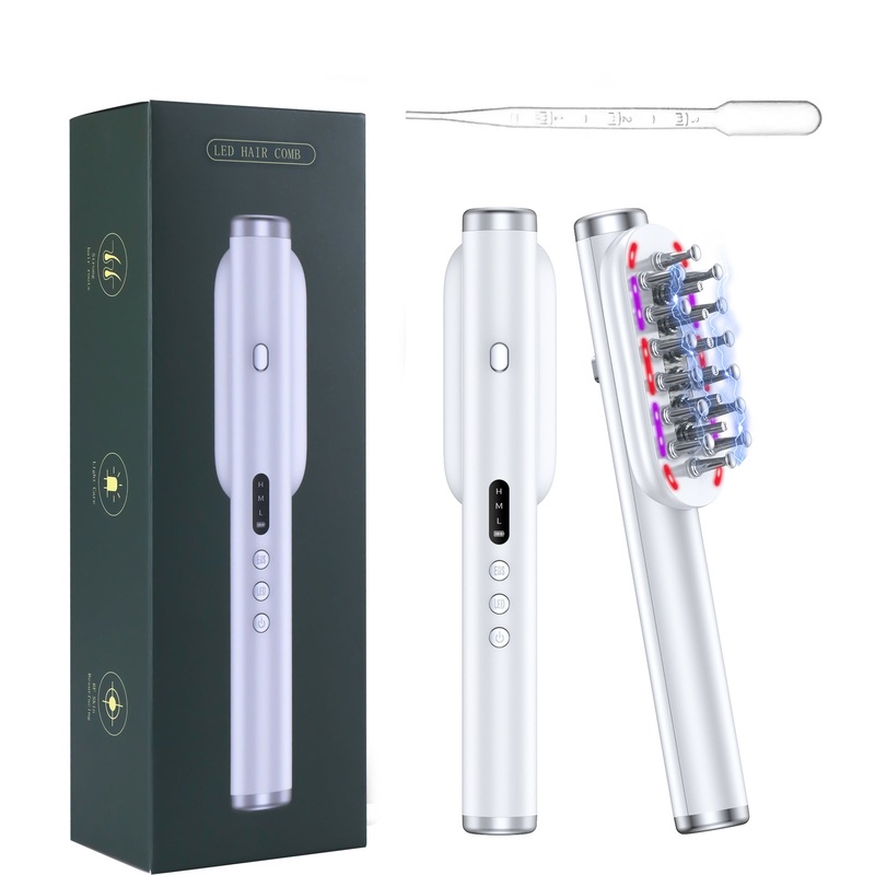 White Vibrating Scalp Massager Comb – LED Therapy & Oil Infuser for Hair Growth