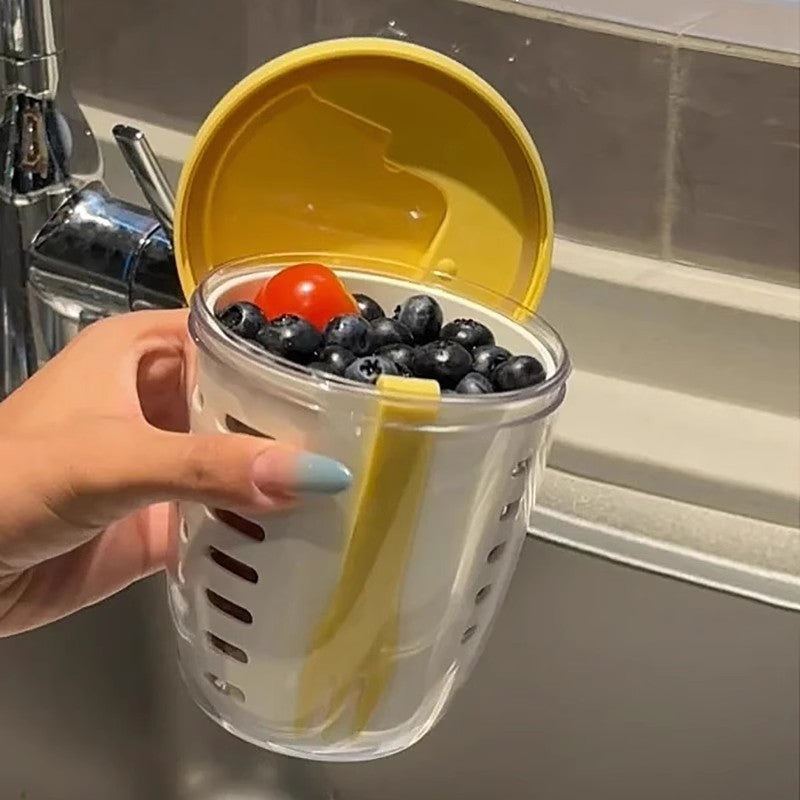 Yellow Double Layer Salad Cup with Fork – Leak-proof Fruit Container, Drain Design, Portable Oatmeal and Picnic Jar