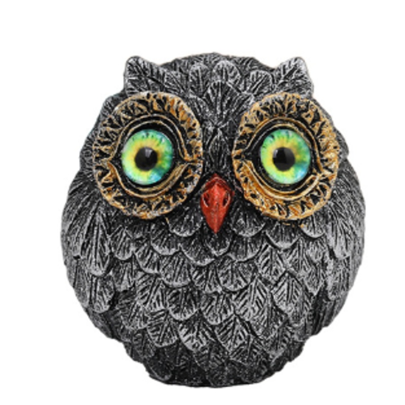 3Pcs Green Small Decorative Resin Owl Figurine – Textured Statue with Blue Eyes