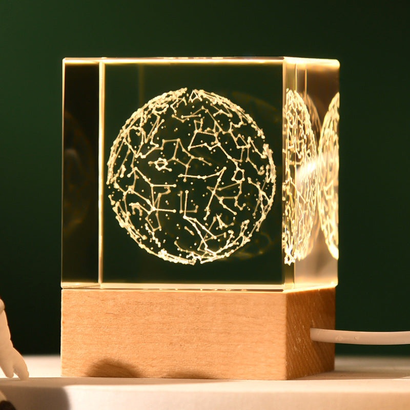 Constellation Luminous 3D Crystal Cube Night Light – Laser Engraved Artwork with Solid Wood Base