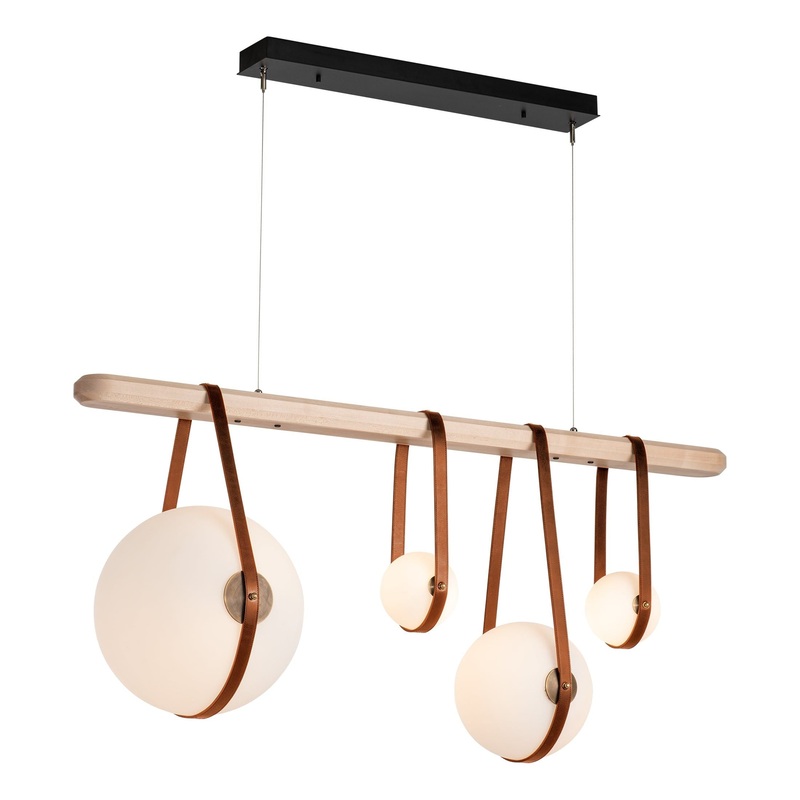 Derby Linear 4-Light LED Pendant Black Antique Brass with Chestnut Leather Maple Wood