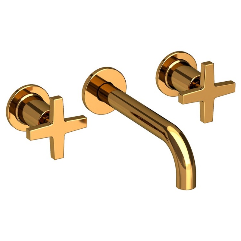 Lavatory Faucet Dorrance Wall Mount 8 Inch Spread 2 Cross ADA Watersense Polished Gold PVD 1.2 Gallons Per Minute Brass Less Drain Spout Reach 7-1/9 Inch