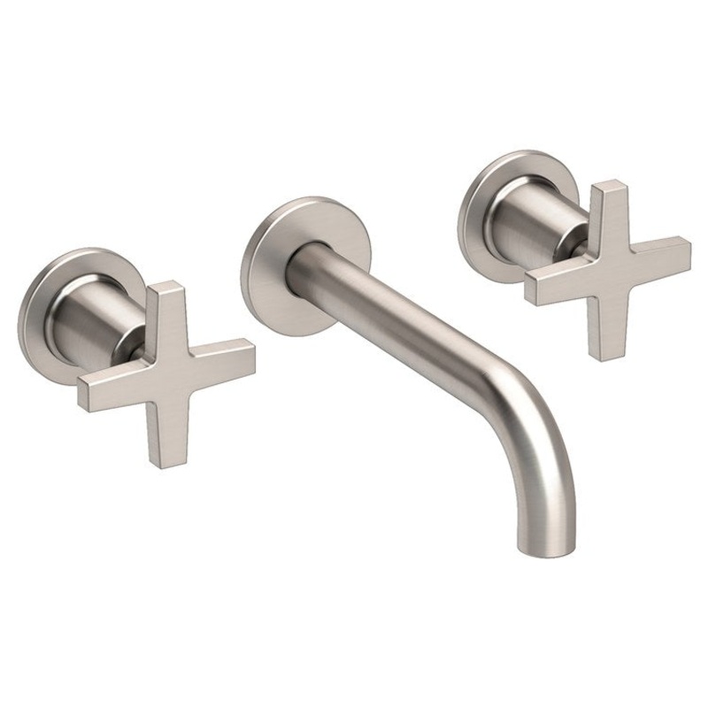 Lavatory Faucet Dorrance Wall Mount 8 Inch Spread 2 Cross ADA Watersense Satin Nickel PVD 1.2 Gallons Per Minute Brass Less Drain Spout Reach 7-1/9 Inch