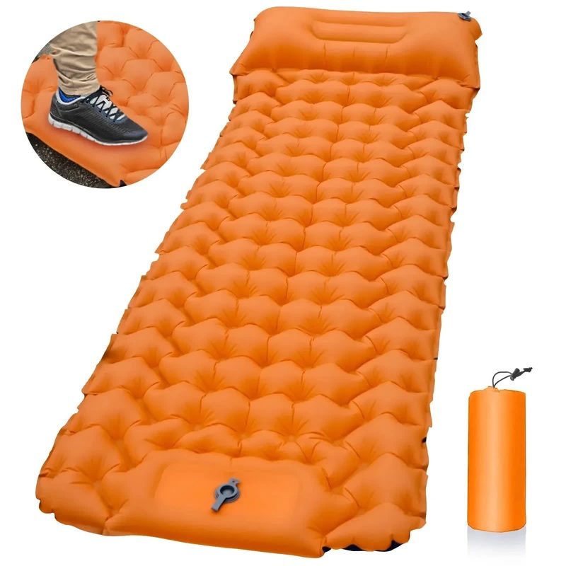Orange Portable Outdoor Inflatable Mat – Foot-Operated Camping Sleeping Pad