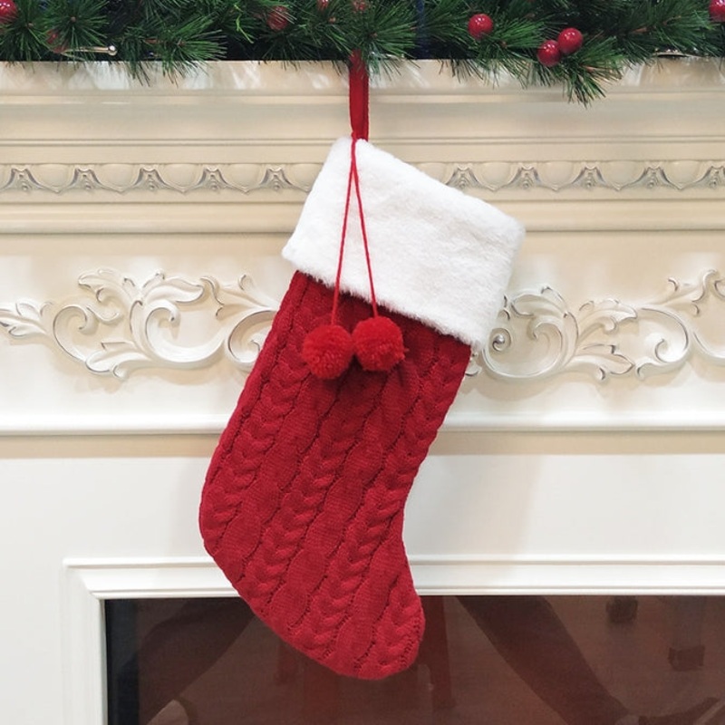 Red Large Cable Knit Christmas Stocking – Classic 43cm Holiday Decor for Fireplace Hanging