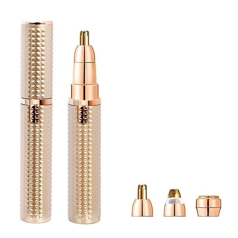 3-in-1 Rechargeable Electric Trimmer for Women – Nose, Eyebrow & Facial Hair Remover with Washable Heads & LED Light(Gold)