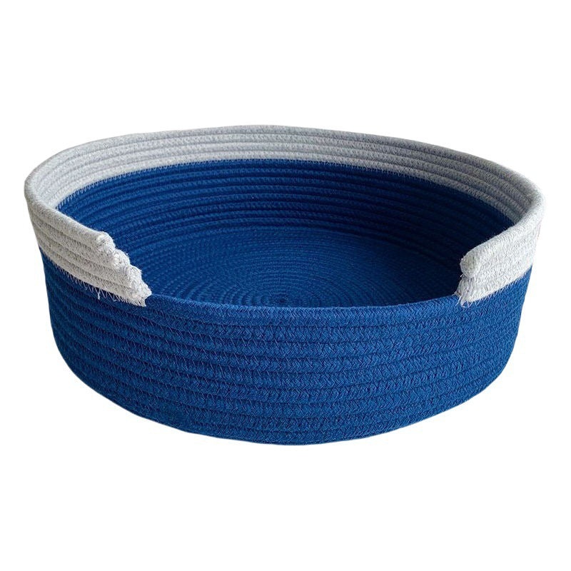 Blue and White Chic Two-Tone Woven Cotton Rope Cat Bed – Cozy Handmade Pet Nest & Storage Basket