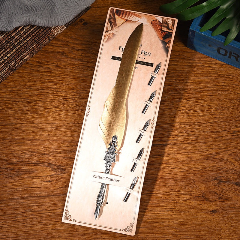 Sword Plume Gold European Dip Feather Quill Pen Set – 2-Piece Retro Business Gift Box with 5 Nib Sizes