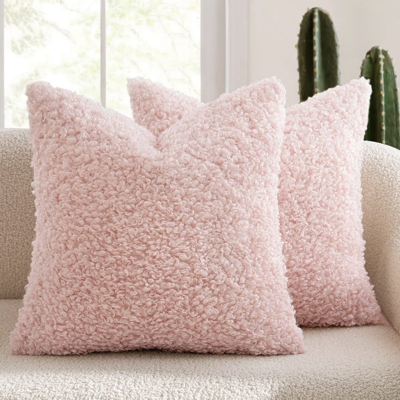 2 Pcs Pink Cozy Teddy Boucle Cushion Cover – Plush Decorative Square Pillow Case for Sofa & Bed
