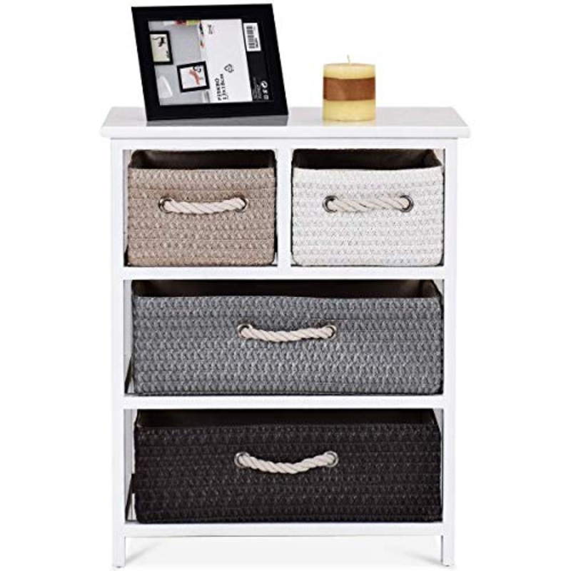 Cassettiera  Cassettiera in Legno A 3 Ripiani Armadio Rack 4 Cestini Intrecciati in Vimini Organizer in Addit