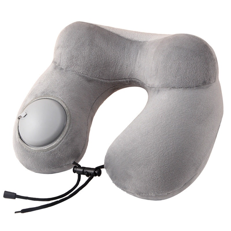 Grey Press-to-Inflate Travel Neck Pillow – Ergonomic U-Shaped Cushion for Airplane and Car