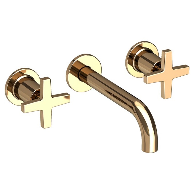 Lavatory Faucet Dorrance Wall Mount 8 Inch Spread 2 Cross ADA Watersense French Gold PVD 1.2 Gallons Per Minute Brass Less Drain Spout Reach 7-1/9 Inch