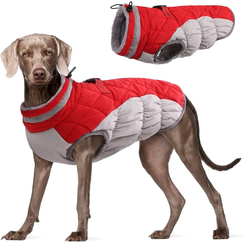 M Red Grey Premium Winter Puffer Dog Coat – Windproof & Fleece-Lined Jacket for Cold Weather