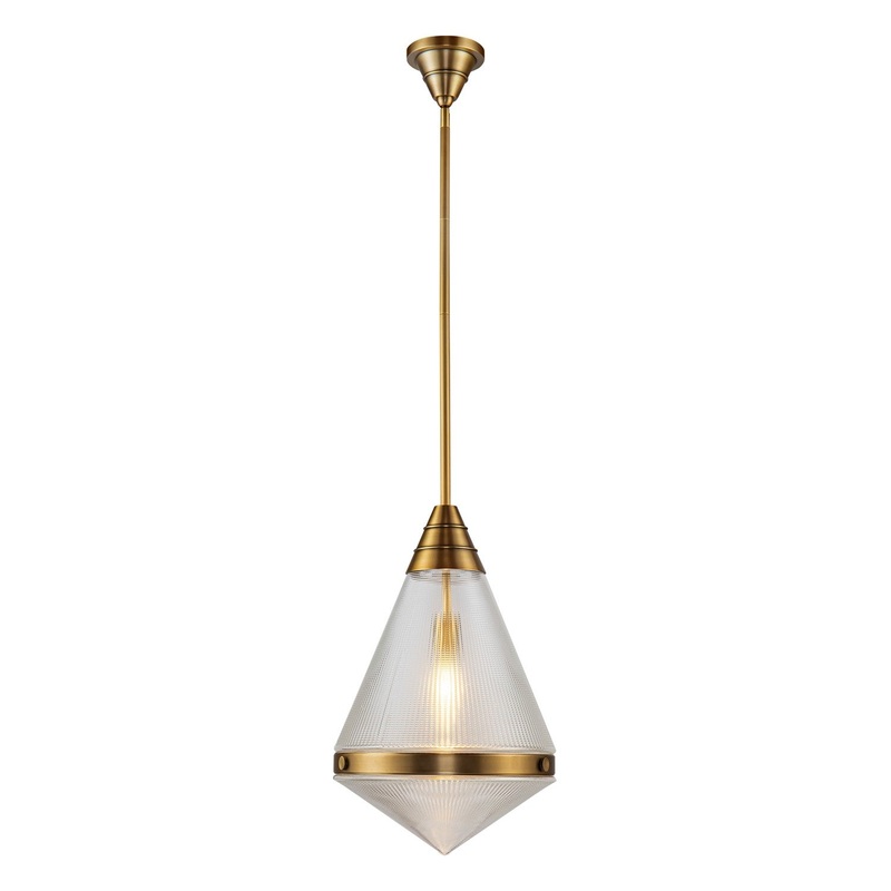 One Light Pendant from the Willard Collection in Vintage Brass/Clear Prismatic Glass Finish by Alora