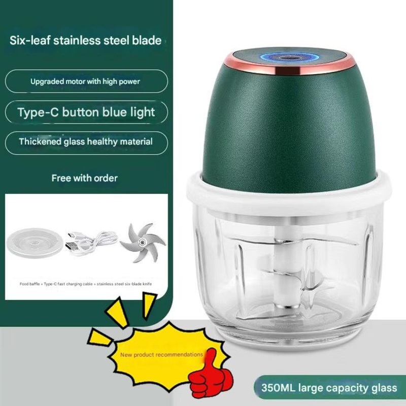 Electric Mini Garlic Chopper with Glass Bowl – USB Rechargeable, 6 Blades, Large Capacity(green)