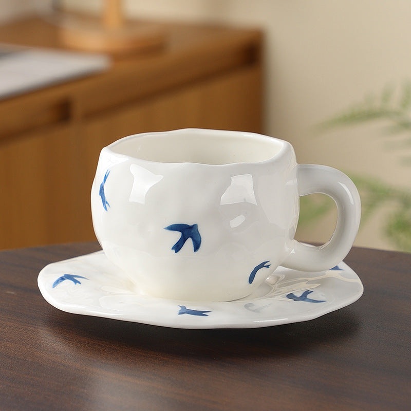 Hand-Painted Ceramic Coffee Cup and Saucer Set – Vintage Afternoon Tea(Swallow)