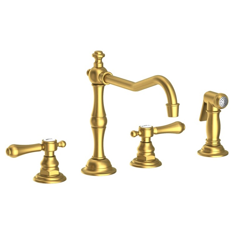 Kitchen Faucet Chesterfield 8 to 20 Inch Spread 2 Lever ADA Satin Brass PVD Pull Out Sidespray Spout Height 5-5/9 Inch Spout Reach 9-1/2 Inch 1.8 Gallons per Minute