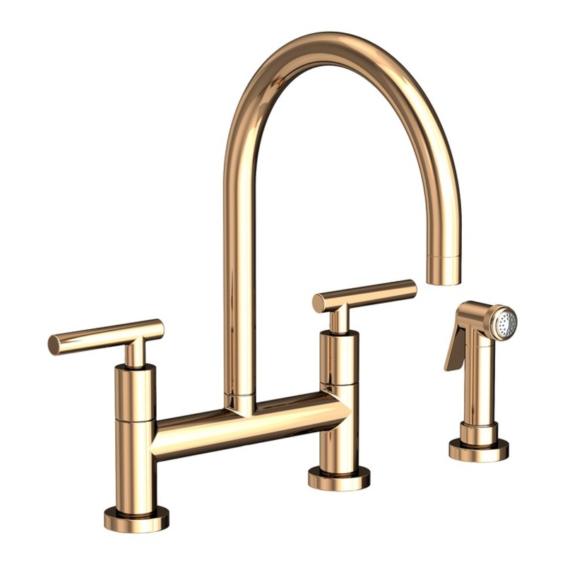 Kitchen Faucet East Linear Bridge 8 Inch Spread 2 Lever ADA French Gold PVD Sidespray Spout Height 8-1/3 Inch 1.8 Gallons per Minute
